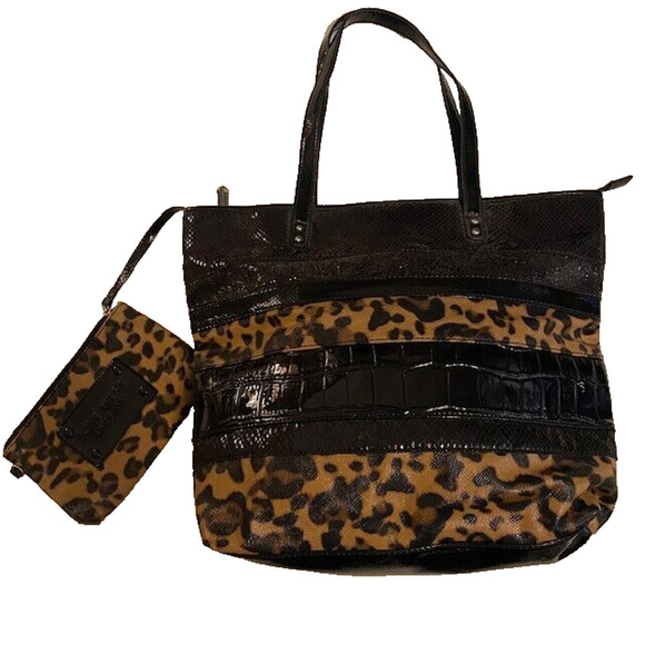Nine West Leopard Stripe Print Double Handle Purse Tote Bag attached wallet - Picture 1 of 10